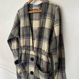 Vintage Ronnie Heller Plaid Button Pockets Low V Cut Midi Dress Black Cream Blue